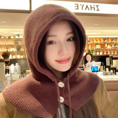 Korean Style Simple Scarf Integrated Neck Protection Warm Knitted Wool Ear Protection Shawl Hat