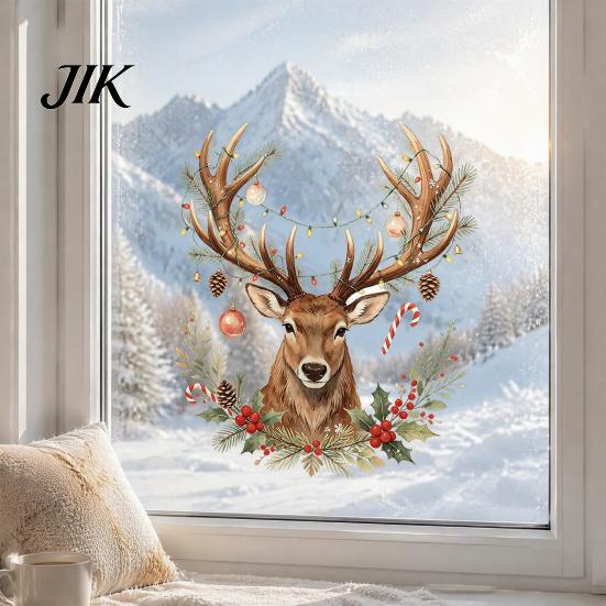 Glass Decoration Sticker Christmas Watercolor Reindeer Window Cling, Removable Reusable Elk Head Static Decorative Decals Decal, Animal for