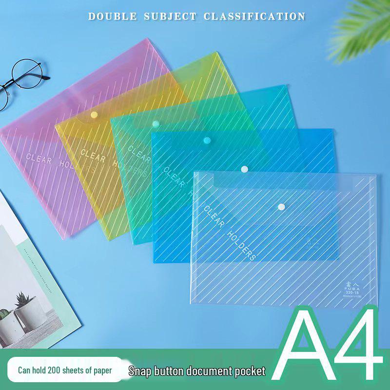 A4 Thickened Transparent Snap Button Document Bag - Waterproof, Large Capacity, Colored Twill Storage.