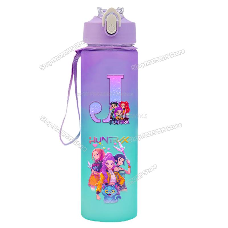 High Quality KPop Demon Hunters Gradient Water Bottles 750ml Movie Girl Letter A-Z Straw Drink Cups Portable High-capacity Outdoor Bottle
