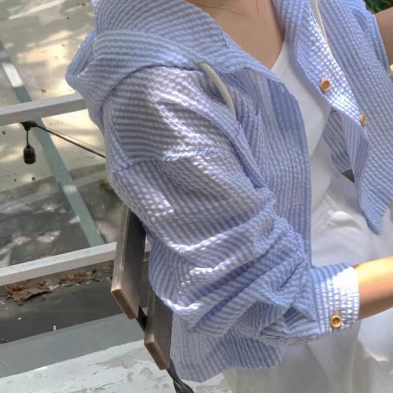 Women's Hooded Shirt Single Breasted Striped Sun Protection Cardigan Top