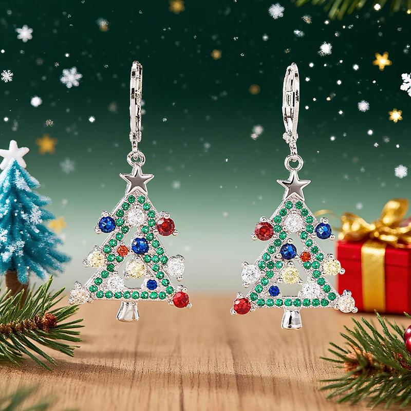 Huitan Creative Colorful Christmas Tree Drop Earrings for Women Shiny Fancy Cubic Zirconia Festival Charms Party