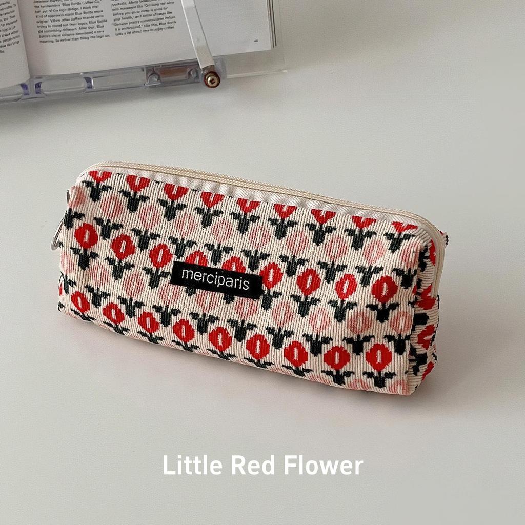 1pcs Corduroy Pencil Bag Pen Case Vintage Flower Grid Artistic Style Student Bag Unique Stationery Storage Pouch School