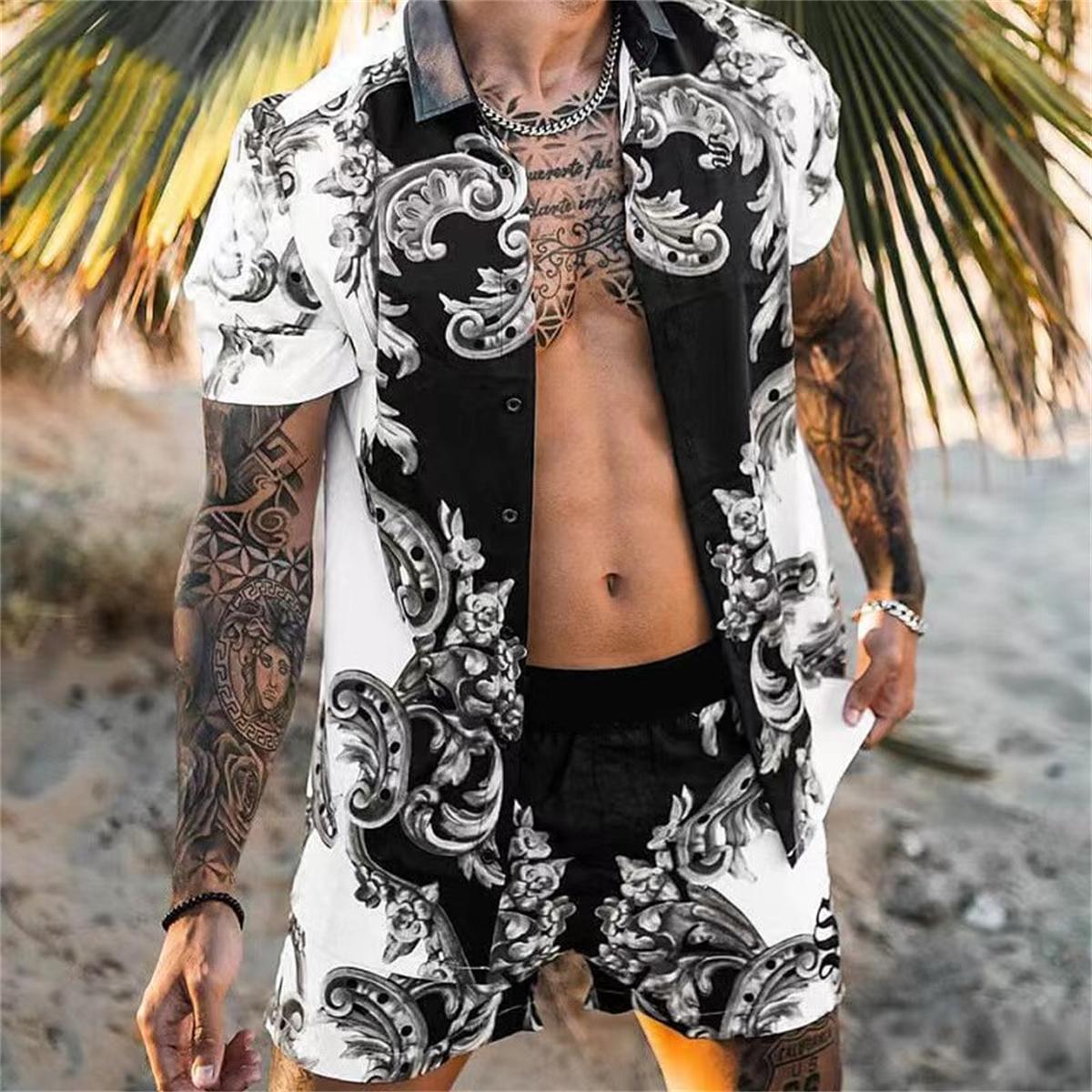 

2023 Summer Fashion Men s Shirt Casual Loose Short Sleeve Shorts Beach Suit Men s T-shirt S