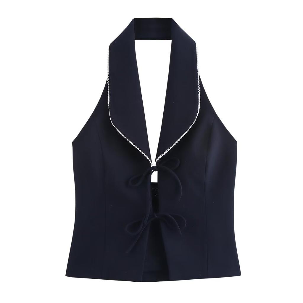 European and American Style, New Women's Clothing, Bow Decoration Splicing Neck Collar Top 2119/550