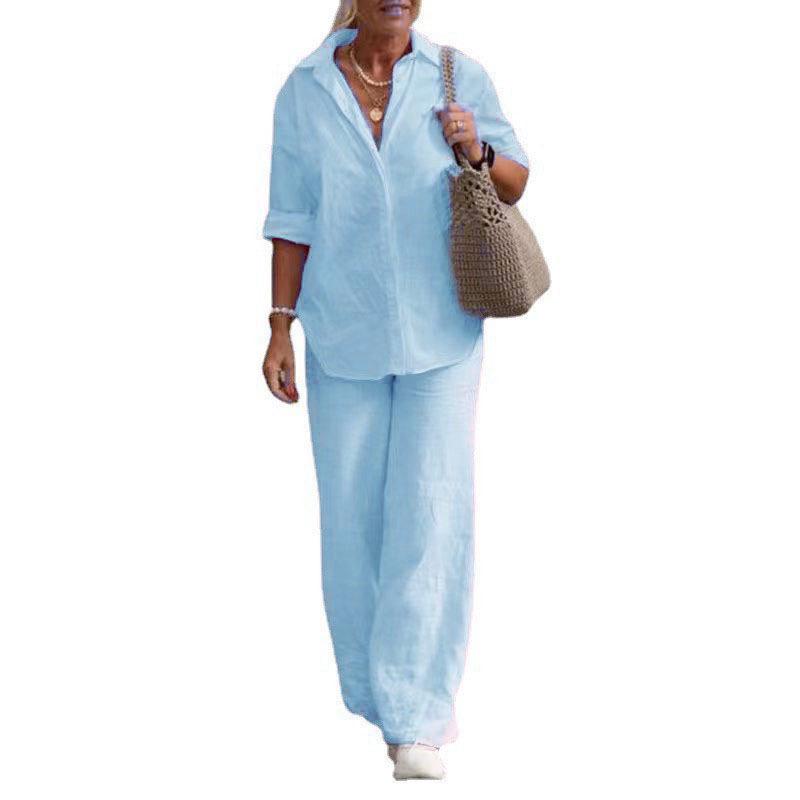 2023 Euro-American Women's Two-Piece: Lapel Long-Sleeved Shirt & Wide-Leg Pants Suit for Spring and Autumn.