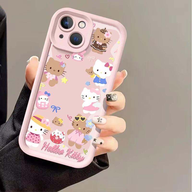 Pink Cartoon Hello Kitty Phone Case For Iphone 17 16 Pro Max 17 Air 16e 15 14 13 12 11 Pro Max 14 15 16 Plus INS Silicone Cover