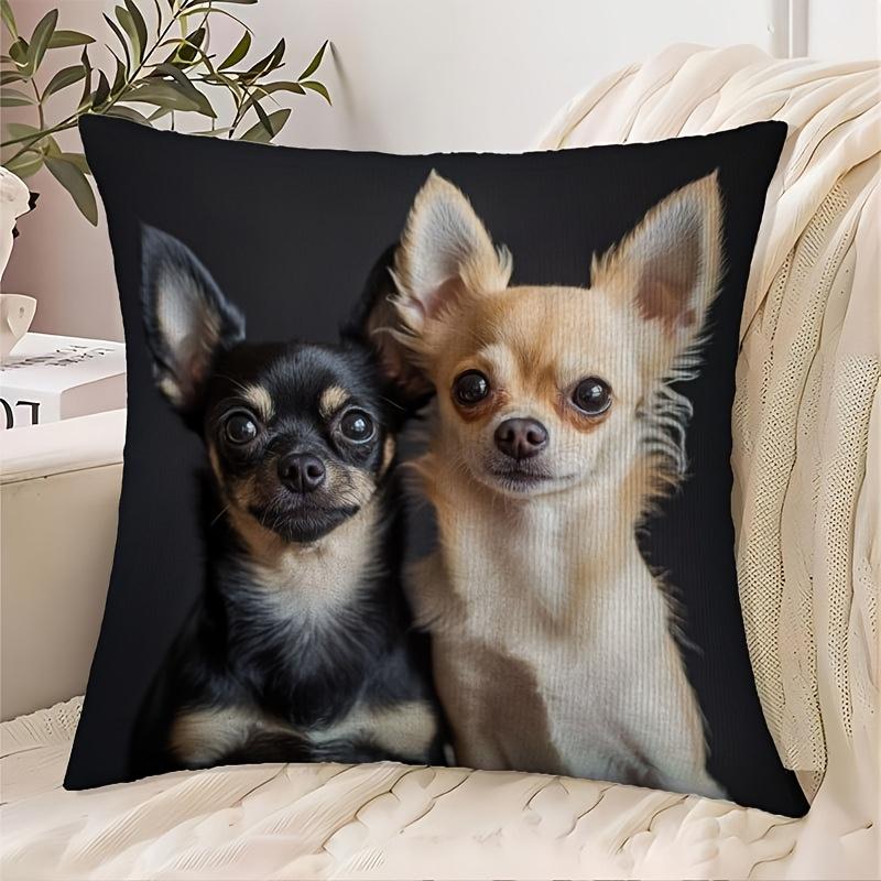 1pc Chihuahua Print Short Plush Pillow Cover, 45.72x45.72 cm, Modern Style, Machine Washable, Zipper Closure, Polyester Decorative Cushion Case, Suita