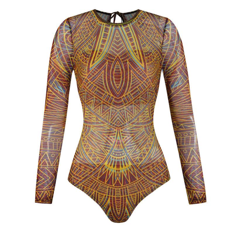 Smart Sunscreen Swimsuit Women s European and American Long-sleeved Mesh One-piece Swimsuit Swimsuit Short Skirt XS
