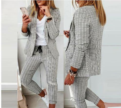 Women s Temperament Casual Plaid Short Lapel Suit Long Pants Set XL