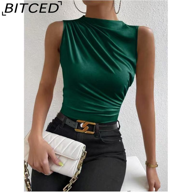 BITCED Женская весенне-летняя модная универсальная однотонная плиссированная безрукавка-пуловер с полувысоким воротником XL темно-зеленого