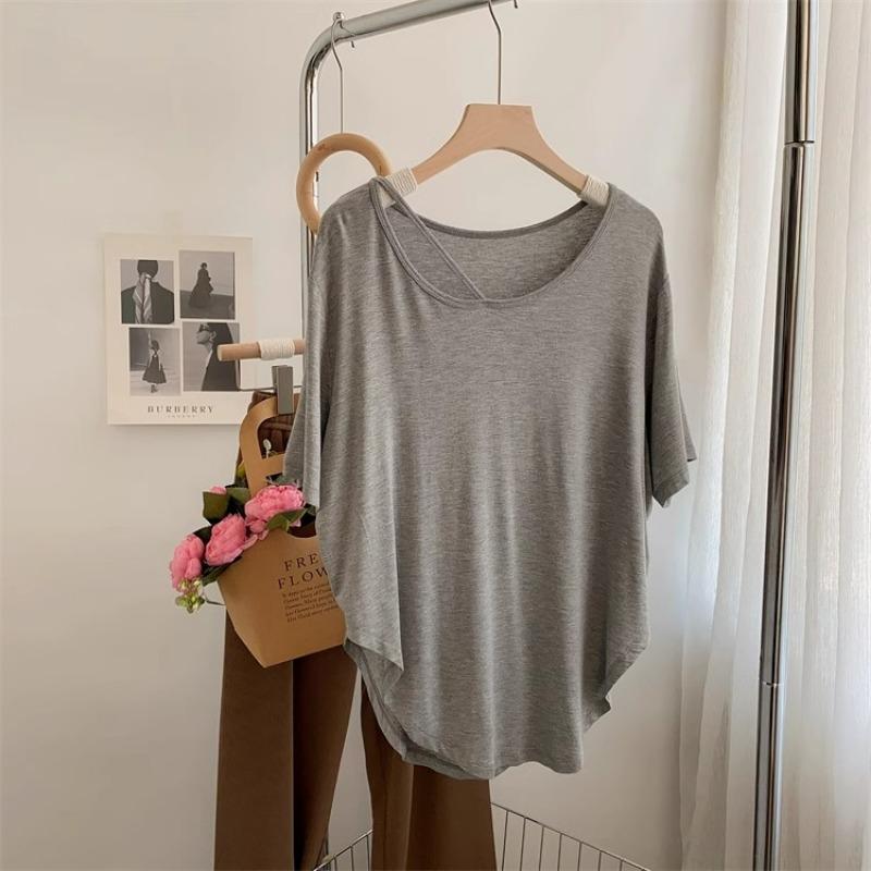 Summer New Irregular Short Sleeved Plus Size T-shirt for Women Fashion Elegant Round Neck Casual T Shirt Female Solid Simple Loose Lady Tee Tops 24287