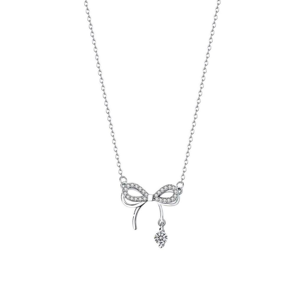 Elegant S925 Sterling Silver Diamond Bow Ballet Clavicle Chain Necklace