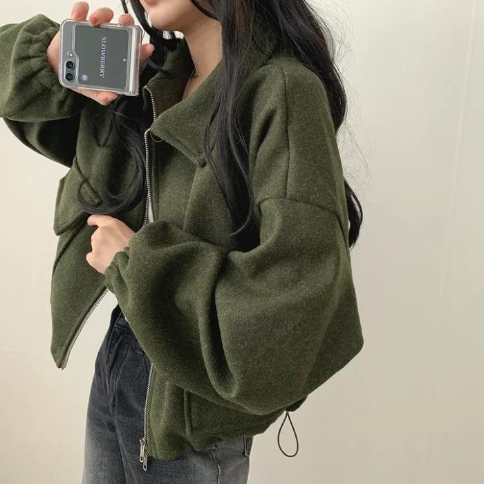 Korean chic autumn and winter French age reduction lazy loose double pocket zipper lapel drawstring waist short coat women