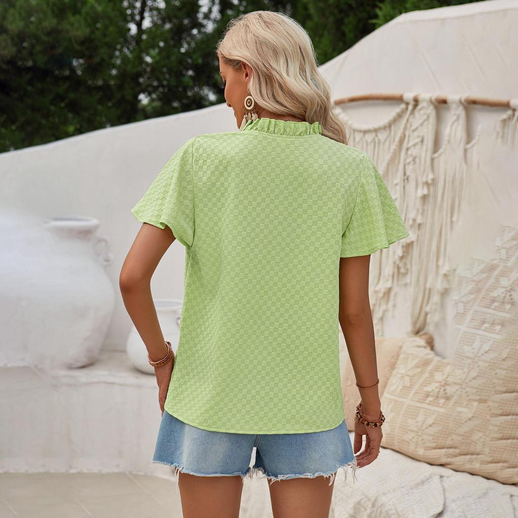 Spring Summer Fresh Casual Women'S Pullover Plaid V-Neck Button Lace Collar Decoration Slim Straight Tube Short Sleeved Top T-Shirt Blouse