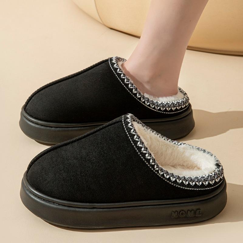 Faux Suede Upper Plush Lining Home Closed Toe Slingback Slides Unisex Solid Color Platform Durable Slippers Flat Casual Slippers