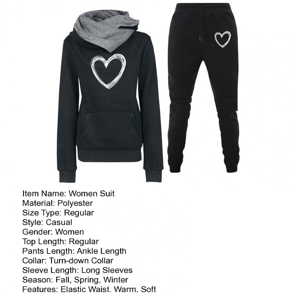 2 Stück/Set Damen Hoodie Hosen Anzug Herz Druck Langarm Elastische Bündchen Aufgesetzte Tasche Kordelzug Elastischer Bund Knöchelbündchen Dame F