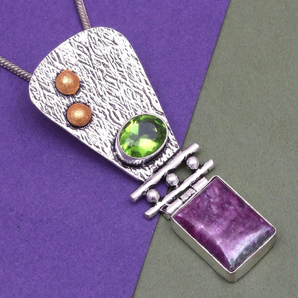 Ruby Zoisite Peridot Gemstone Mother's Day Silver Jewelry Pendant  2.25"