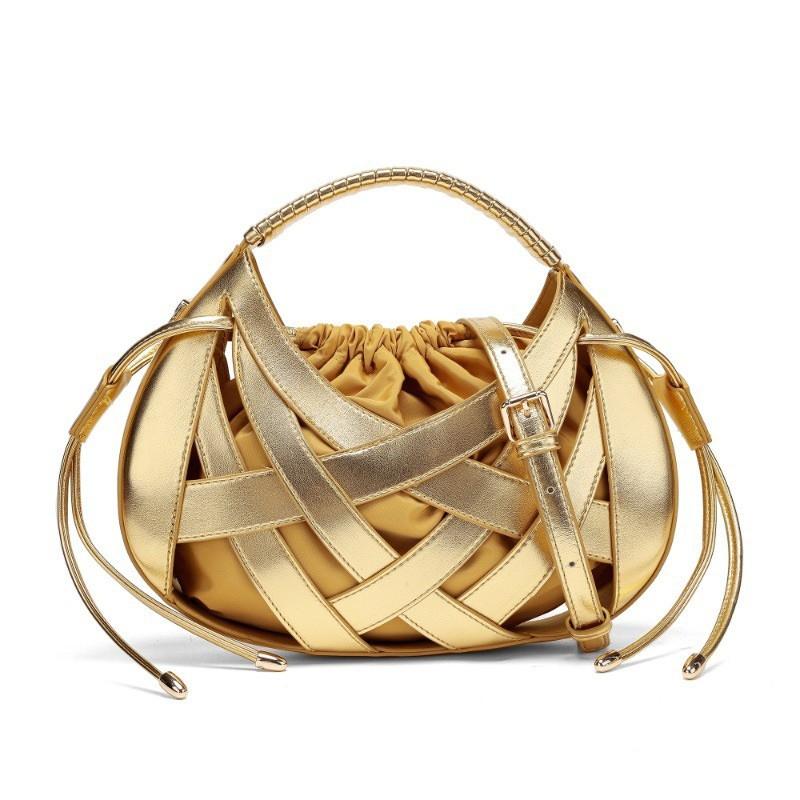 Woven Mini Tote Bag Women Structured Oval Crossbody With Drawstring PU Leather Retro Chic Everyday Shoulder