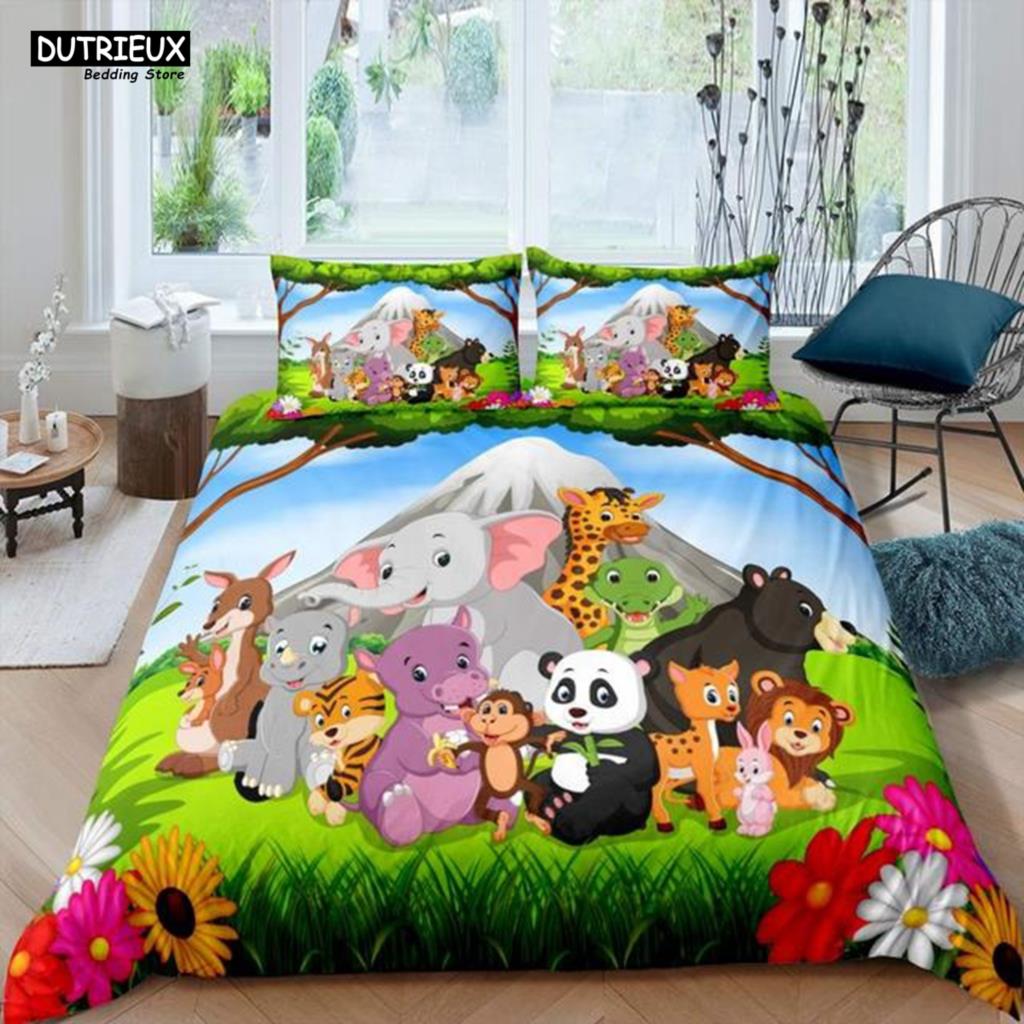 Elephant Comforter Cover Cute Cartoon Animal Paradise Bedding Set Boys Girls Kids 3D Animal World Queen Polyester Duvet Cover