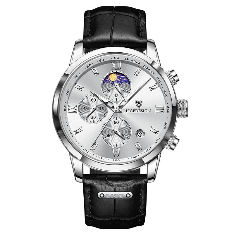 

Casual Men Watch Luxury Leather Waterproof Sport Quartz Wristwatch Chronograph Military Watch for Men Relogio Masculino срібні білого кольору