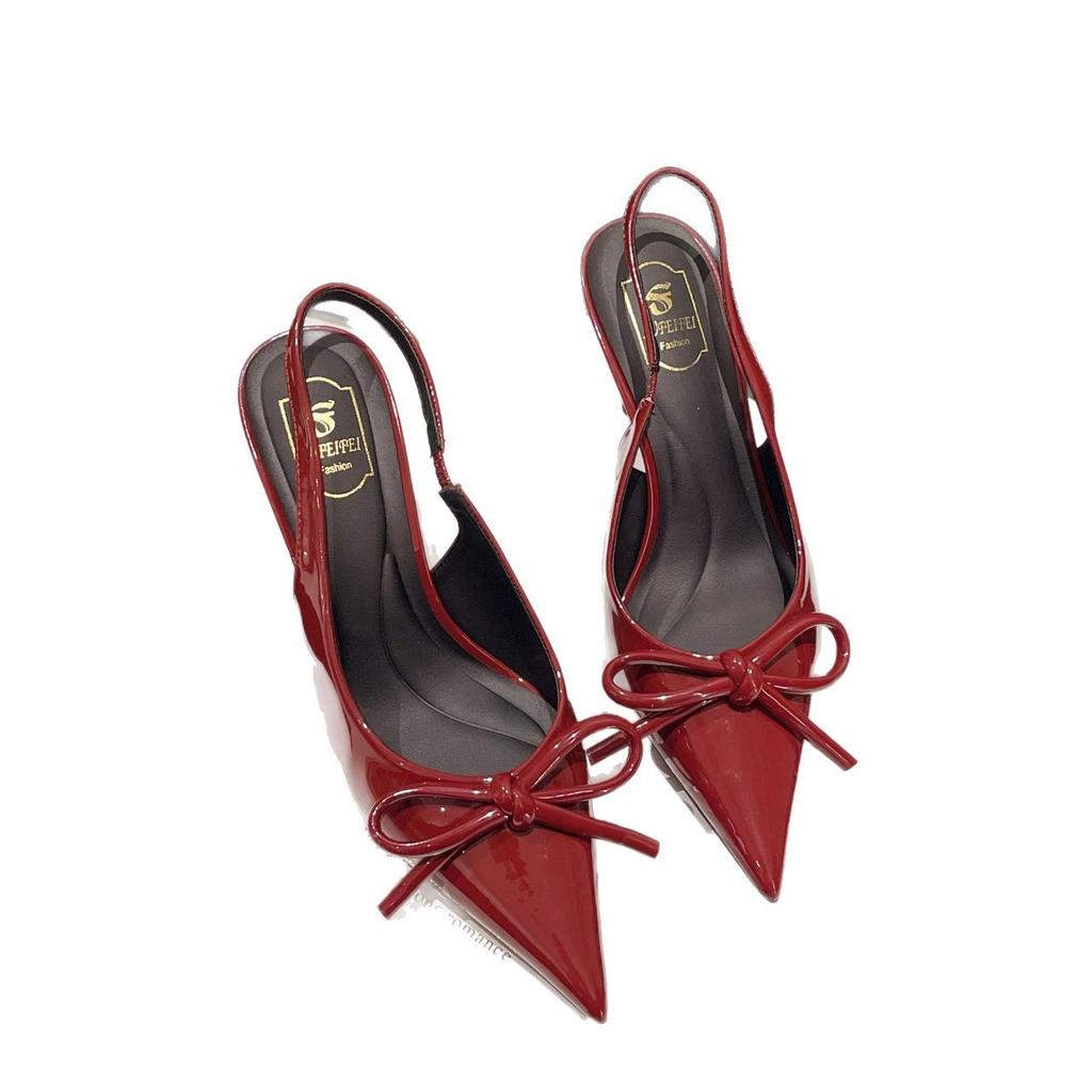 Beautiful Sandals Women's 2025 Summer New Temperament Bow Back Empty Shallow Mouth Single Shoes Pointed Large Size High Heel Sandals