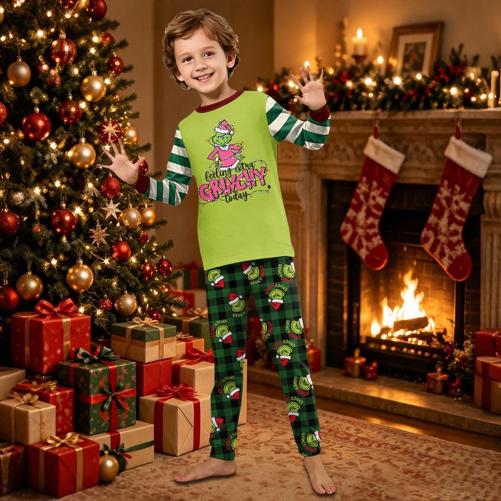 Family Matching Christmas Loungewear Set with Neck Long Sleeve Top and Pants for Parents and Kids