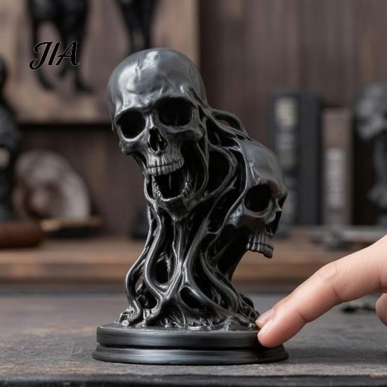 Unique Resin Desktop Decor 3D Printed Double Skull Ornament, Twisted Skeleton Figurine, Gothic Style Home Accents Statue for Halloween Bar &