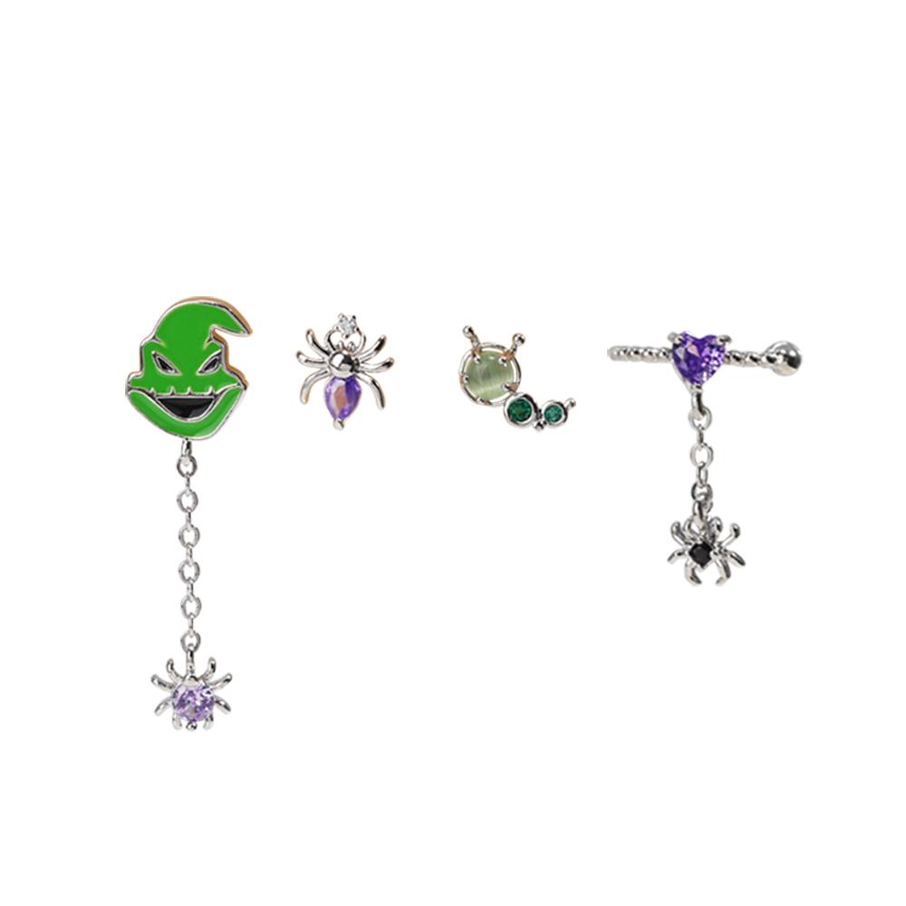 

4PCS New Ins Punk Fashion Zircon Funny Cute Enamel Green Spider Ghost Cartoon Stud Earrings for Women Girls Party Jewelry Gifts
