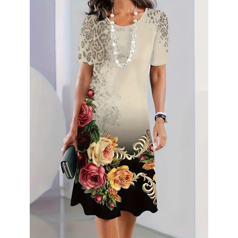 Plus Size, Plus Size Floral Digital Print Vacation Women's Round Neck Dress