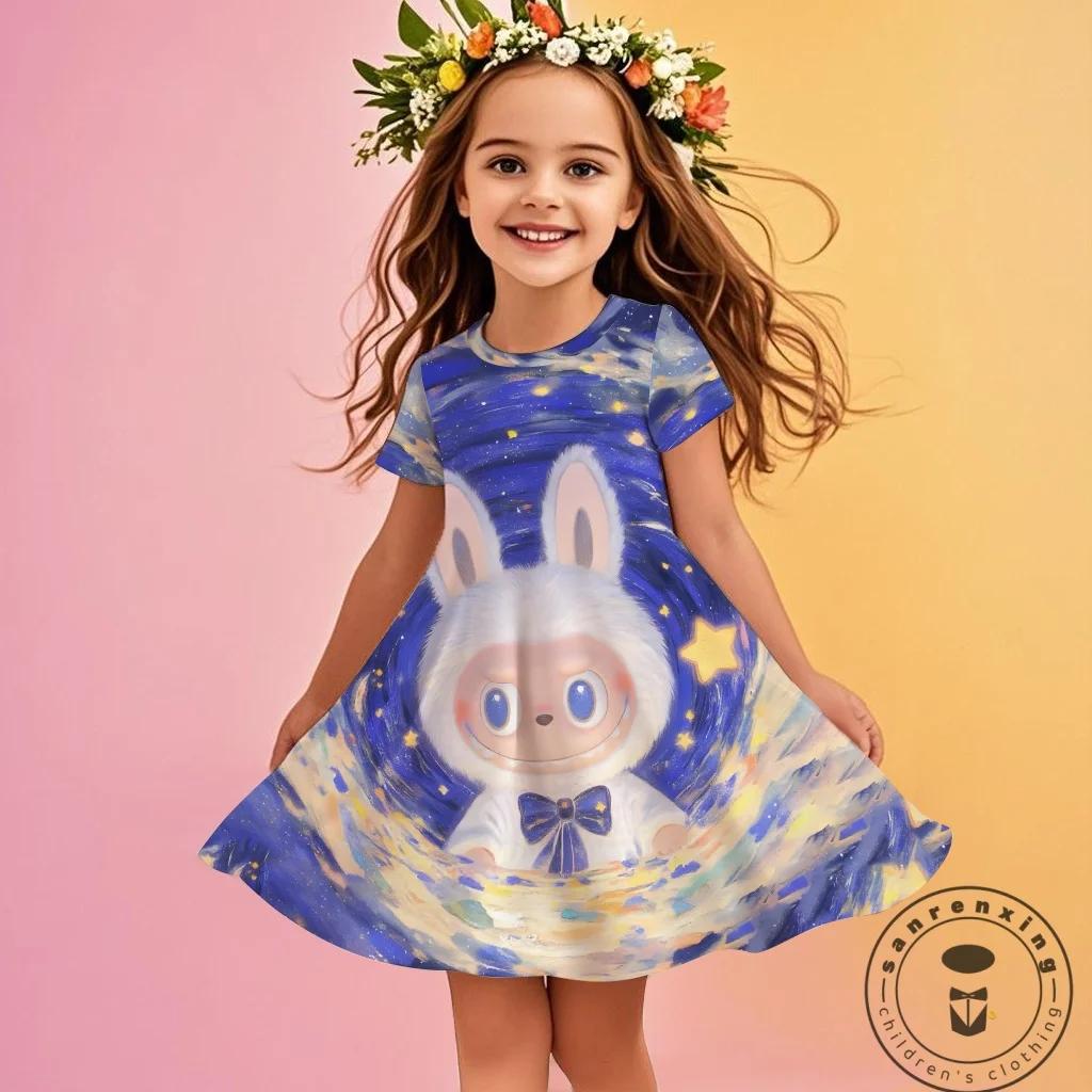 Kuromi New Summer Girls Dress Labubu 3D Printed Fashionable Cartoon Cute Princess Girls Clothes Skirt Party Labubu