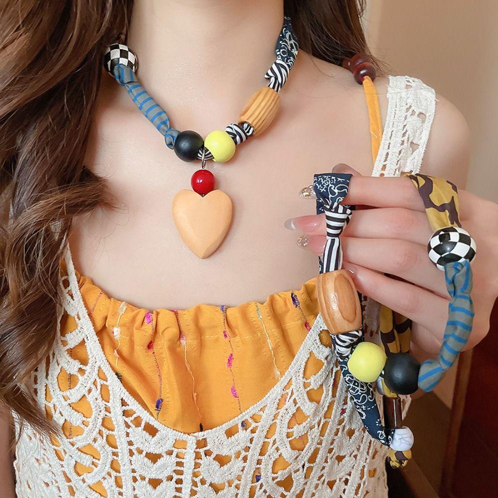 Clavicle Chain Patchwork Cloth Chain Necklace Love Pendant Bohemian Choker Girls