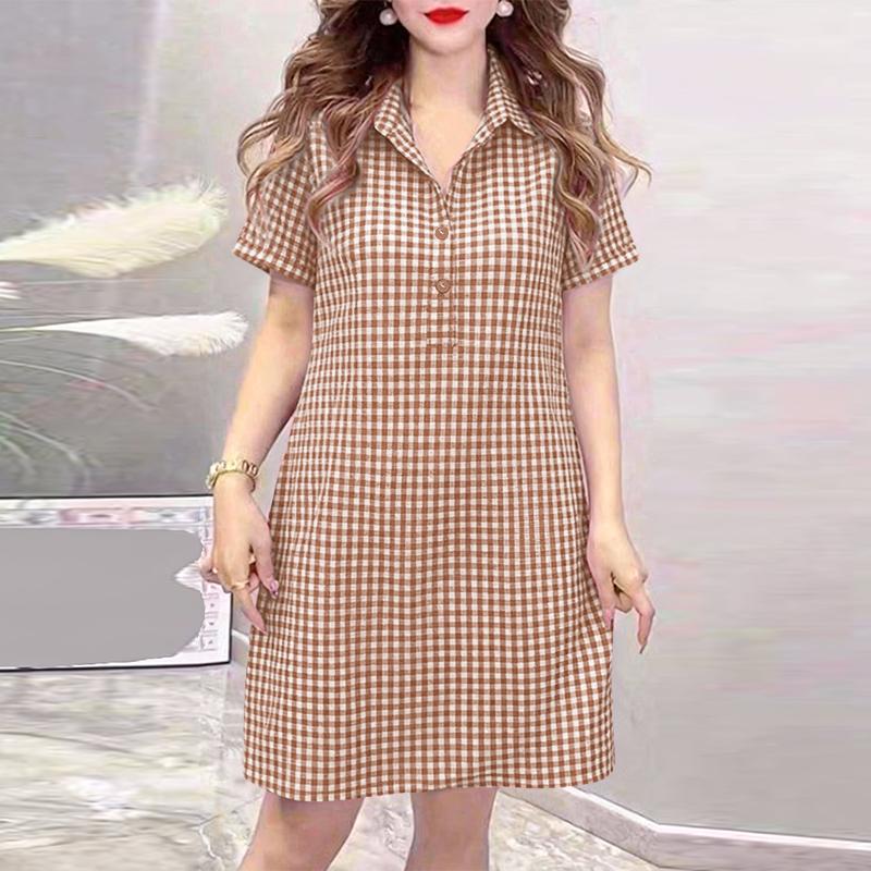 

Жіноча повсякденна плаття ZANZEA з відкладним коміром і короткими рукавами в клітку 5XL хакі