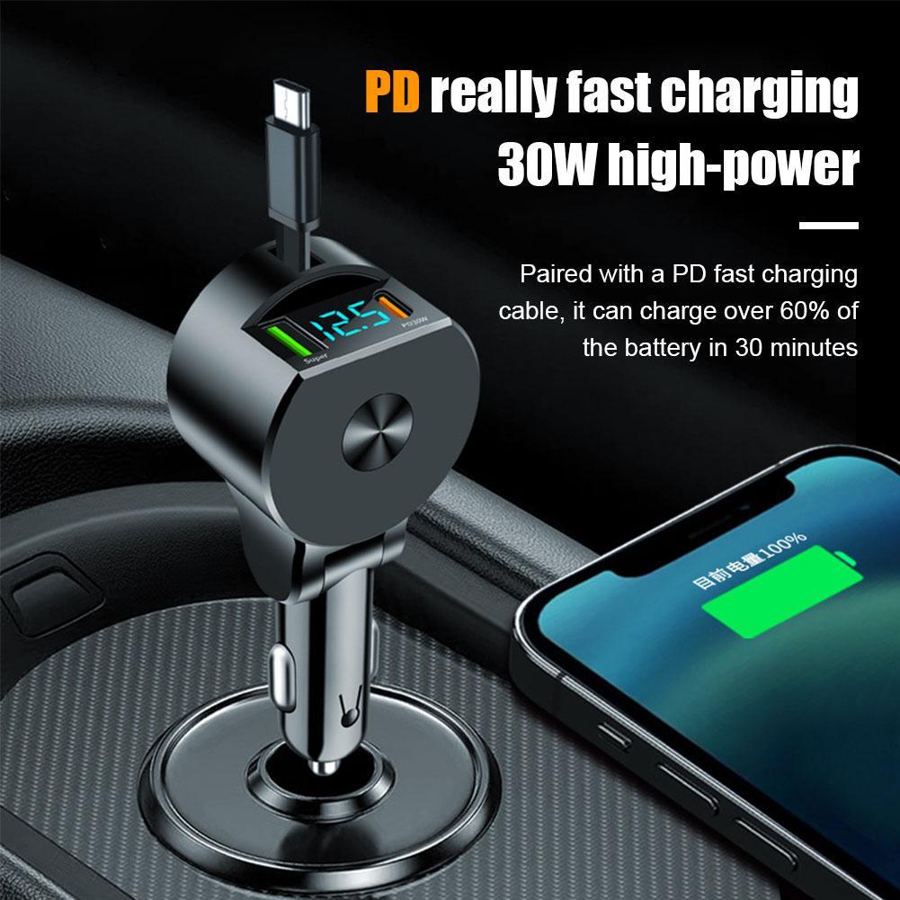 Digital Display Car Charger 12V/24V,cigarette Lighter Line Charging Fast Car Adaper Vehicle Line Charging PD30W Telescopic F2B9