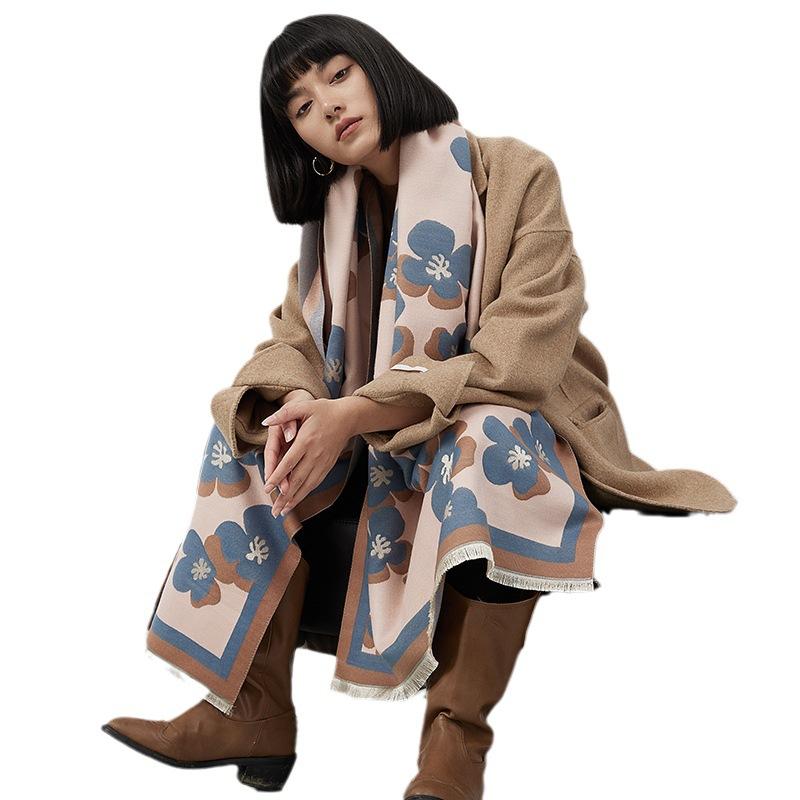 Color Matching Versatile Imitation Cashmere Scarf Wind Warm Scarf Flower Fringed Elegant Women'S Shawl
