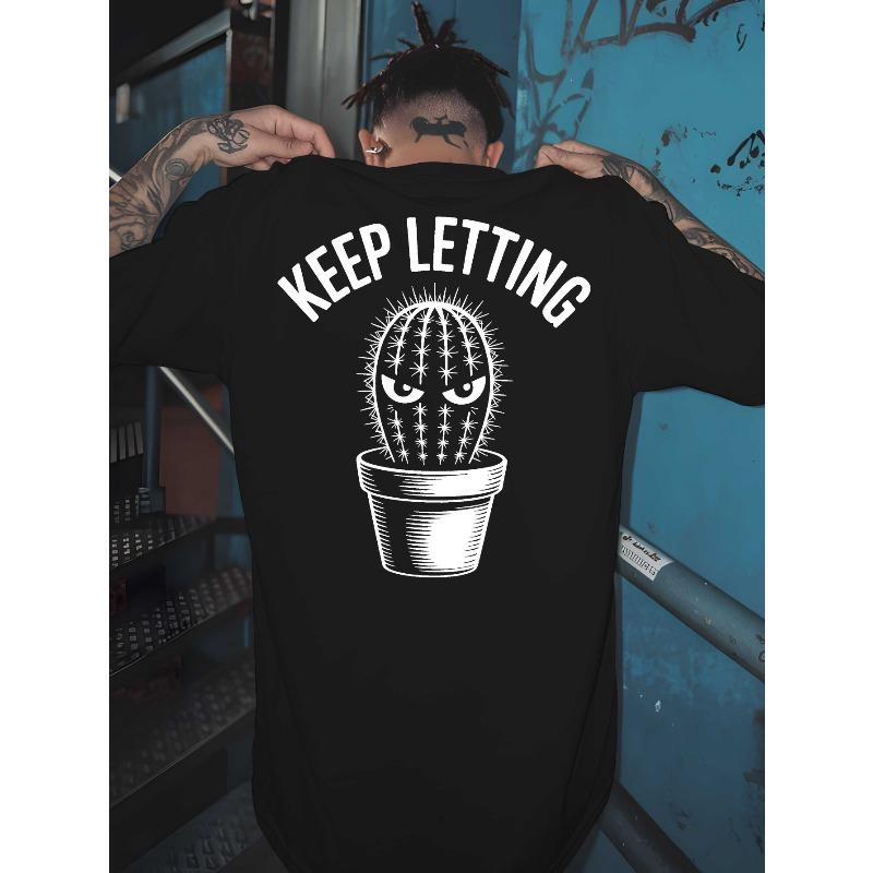 

Мужская футболка Keep Letting с кактусами и принтом Keep Letting сзади - Черно-белая, с коротким рукавом, для спортзала и уличного стиля, с дизайном кактусов, мужская майка S чёрный