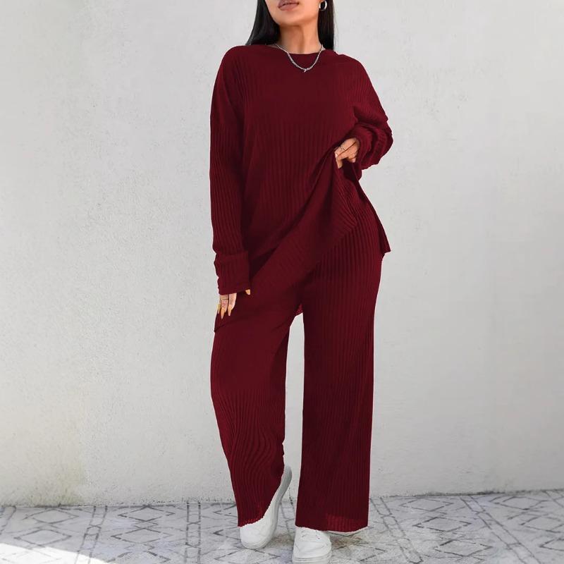 Plus Size Women's New Fashion Casual Slimming Round Neck Long Sleeve Solid Color Knit Two Piece Suit
