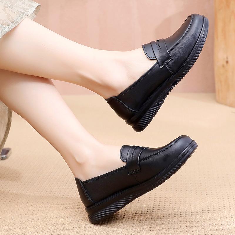 Chaussures de travail antidérapantes en cuir véritable pour maman - Noir, Semelle plate, Douces et confortables pour rester debout toute la journée