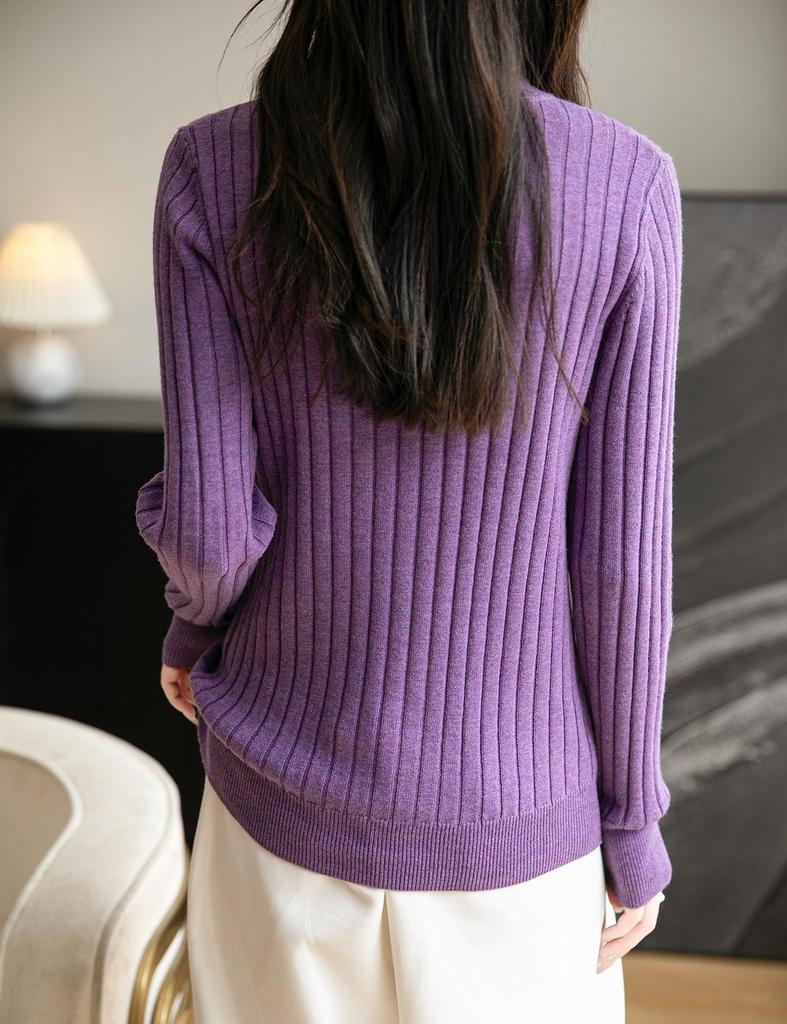 Women's Ribbed Knit Double-Layer Pullover Sweater with Stand Collar - Long Sleeve, Color Block Design for Autumn/Winter