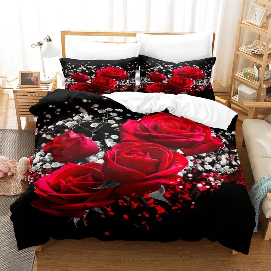 Comforter Red Roses Queen Size King Full 3D Bedding Sets Flower Quilt Linens Single Double Bed