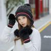 Damen-Set aus gestrickter Wolle für den Winter, Mütze und Handschuhe mit dicken Ohrenschützern aus Samt zum Radfahren