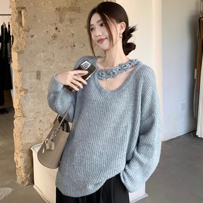 

DIMANAF 2024 Autumn Women Solid Sweaters Knitting Fashion Casual Style Loose Sweater One Size синий