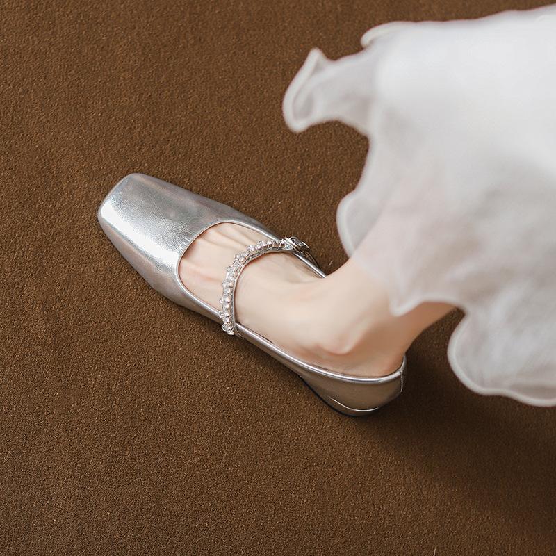 Summer Single Shoes New Square Head Shallow Mouth Rhinestone One-word Diamond Belt Silver Low Heel Flat Shoes Mary Jane Shoes