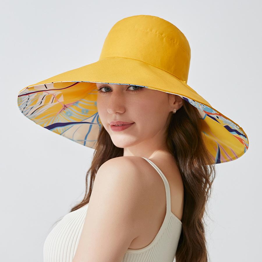 Cappello da Pescatore Estivo a Tesa Larga Double-Face con Stampa Parasole per Donna