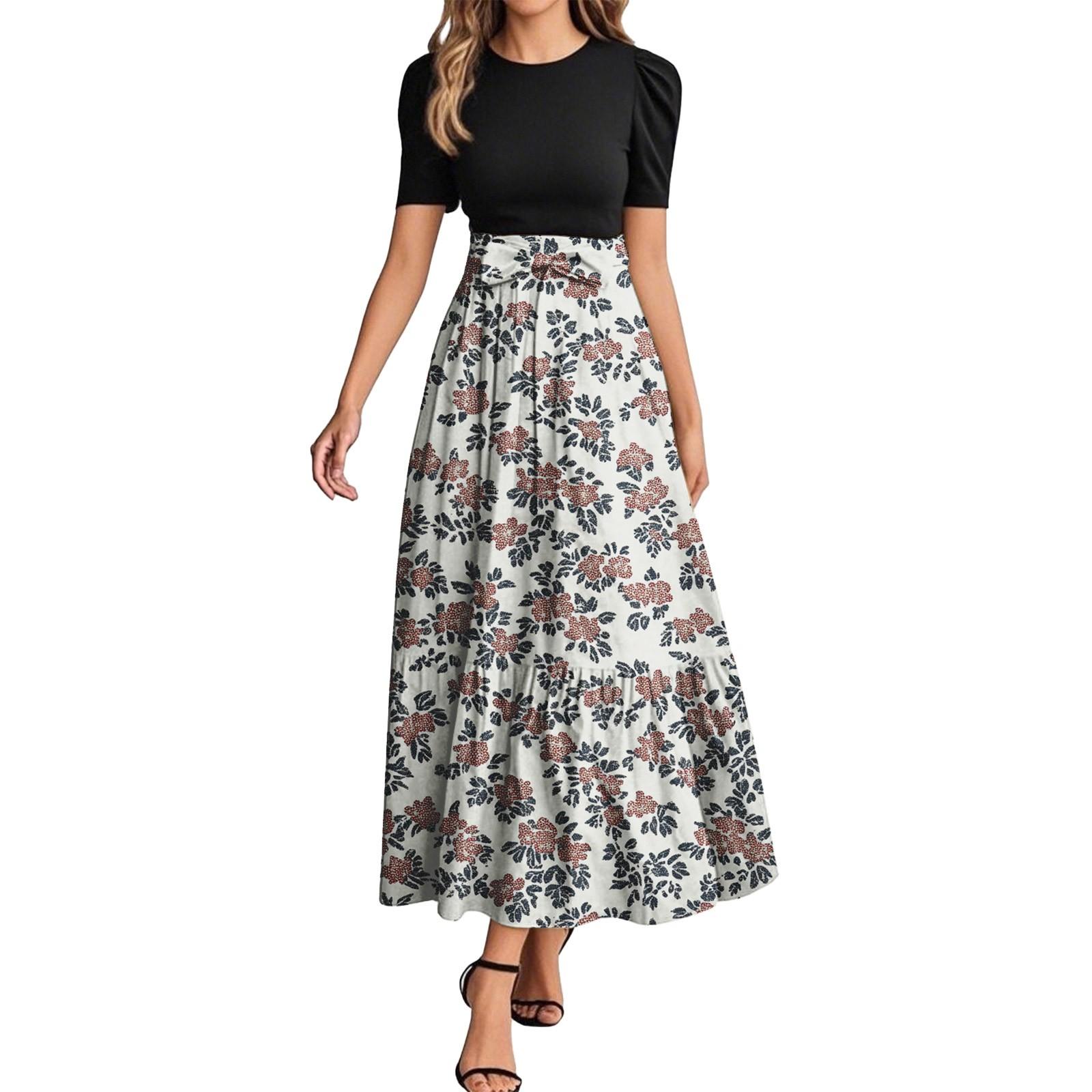 

Жіноча модна повсякденна сукня з коротким рукавом і круглим вирізом із квітковими швами, елегантна темпераментна сукня S бежевий