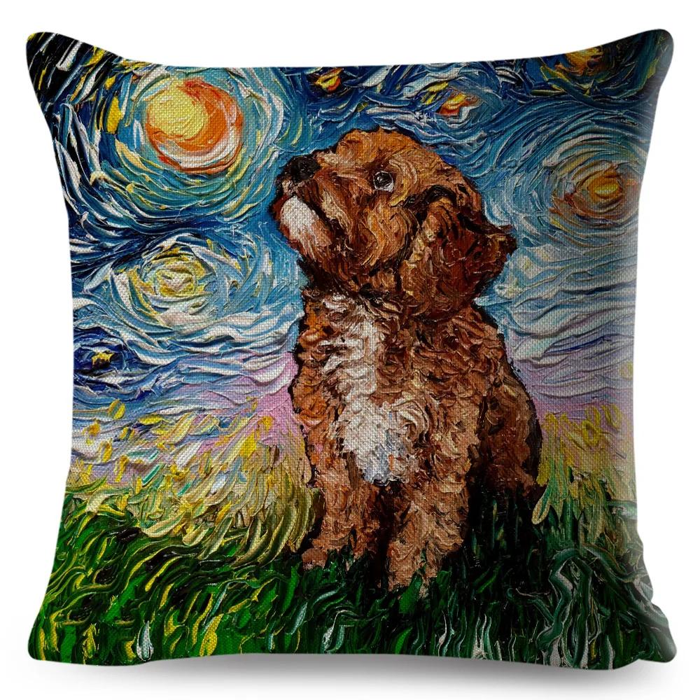 Both Sided Starry Sky Dog Cushion Cover Decor Oil Painting Cartoon Pet Animal Pillow Case for Sofa Home  Linen Pillowcase