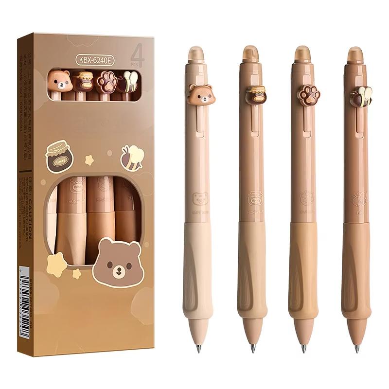4 Pcs Erasable Pen Neutral Pen Cartoon Sleeve Button Pen Upright Posture Thermal Eraser High Aesthetic Value Press Protection