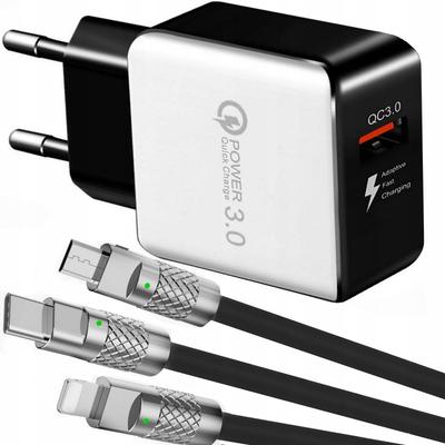 Szybka Ładowarka Sieciowa Qc 3.0 + Kabel Pancerny Do Iphone Micro Usb-C 3W1