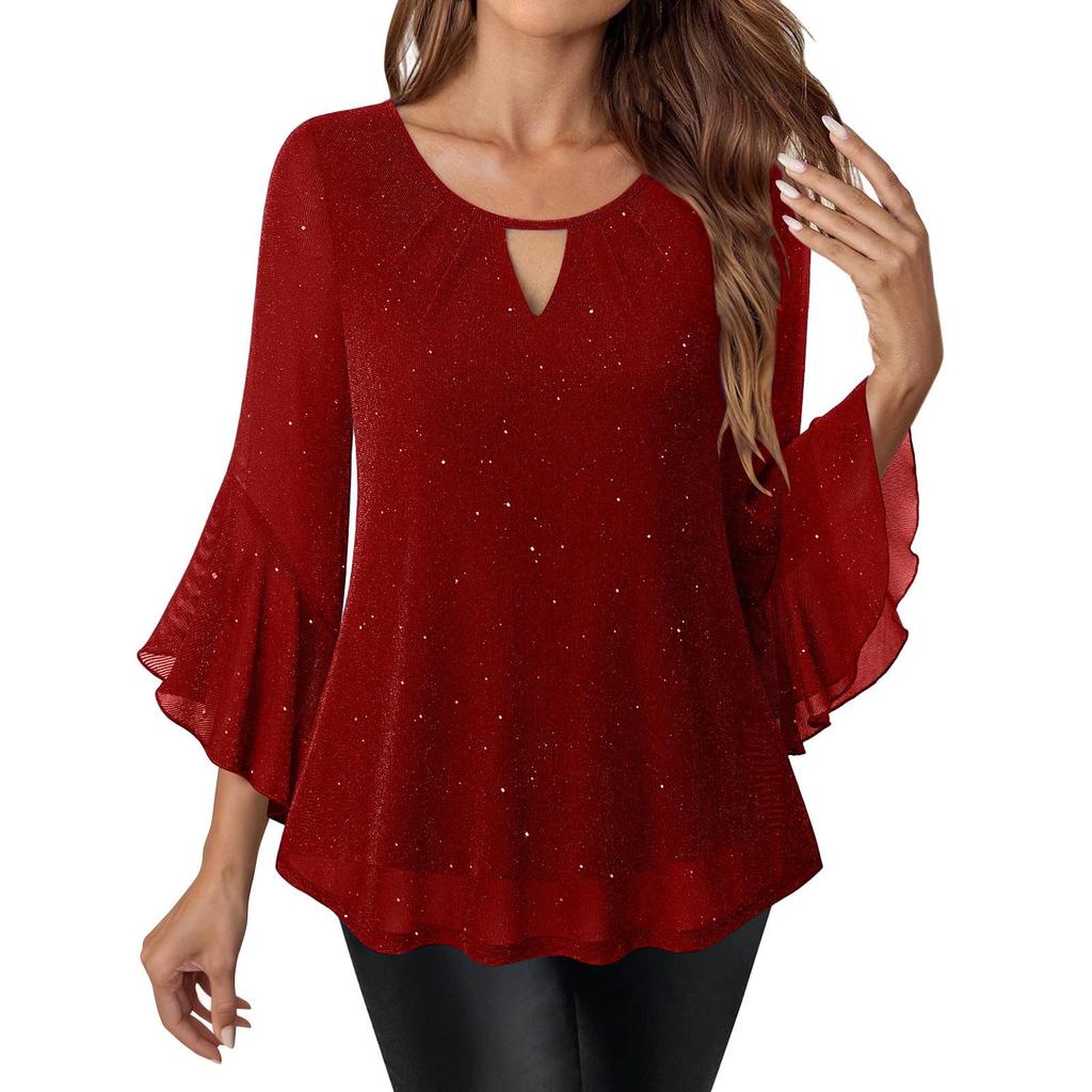 Women's Elegant Ruffled Shiny Stamped Seven-Sleeve Double Layer Mesh Top