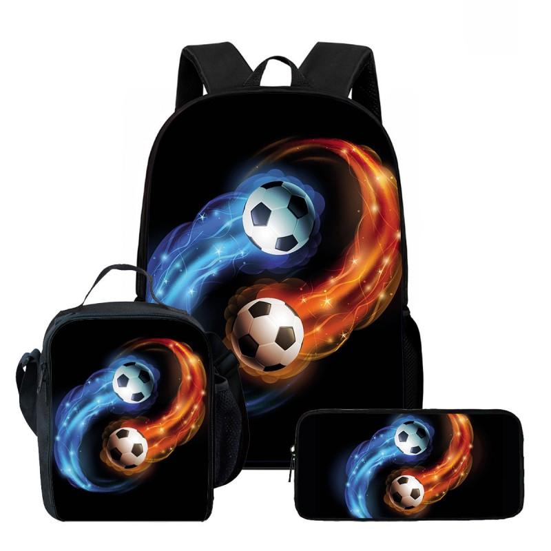 Kids School Backpack Set With Lunch Bag Pencil Case - Football Print Oxford Fabric Ergonomic Design Elementary Students